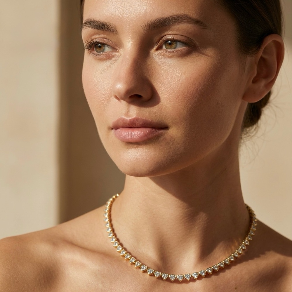 New Gold Plated Amore Bezel Heart Tennis Necklace - Picture 3 of 8